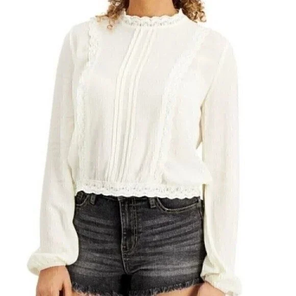 New Self Esteem Junior's Pleated Lace Trim Blouse White XS, L - Picture 3 of 6